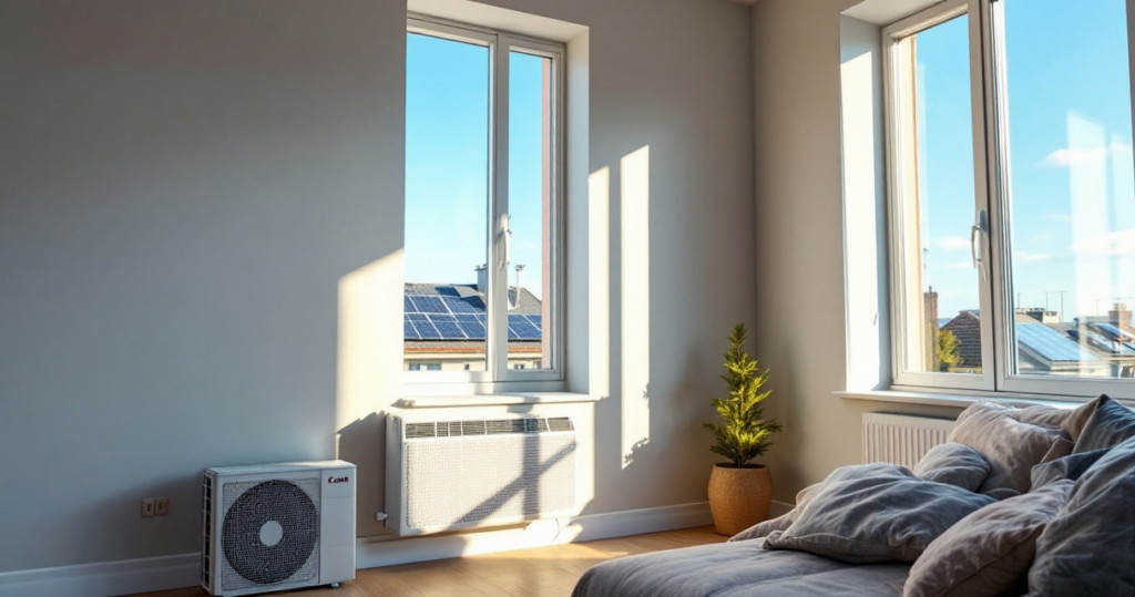 Modern eingerichtetes Wohnzimmer mit großen Fenstern, die viel Tageslicht hereinlassen, und einer Luft-Wärmepumpe als Teil der energieeffizienten Wohnungssanierung.