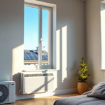 Modern eingerichtetes Wohnzimmer mit großen Fenstern, die viel Tageslicht hereinlassen, und einer Luft-Wärmepumpe als Teil der energieeffizienten Wohnungssanierung.
