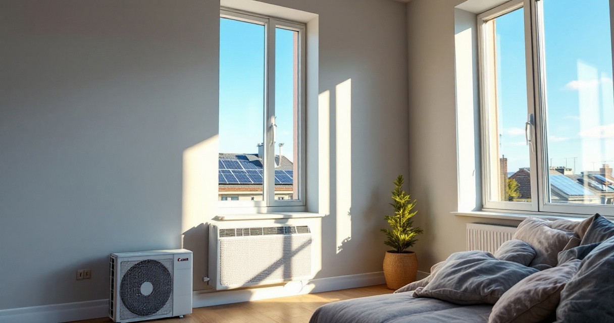 Modern eingerichtetes Wohnzimmer mit großen Fenstern, die viel Tageslicht hereinlassen, und einer Luft-Wärmepumpe als Teil der energieeffizienten Wohnungssanierung.