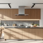 Helle moderne Küche mit großem Küchenblock aus hellem Holz, hochwertigen Einbaugeräten aus Edelstahl und großen bodentiefen Fenstern, eingerahmt von Grünpflanzen, als Beispiel für energiesparende Küchenrenovierung Tipps.