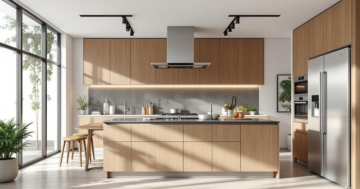 Helle moderne Küche mit großem Küchenblock aus hellem Holz, hochwertigen Einbaugeräten aus Edelstahl und großen bodentiefen Fenstern, eingerahmt von Grünpflanzen, als Beispiel für energiesparende Küchenrenovierung Tipps.