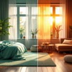 Modern gestaltetes Wohn- und Schlafzimmer mit einer Raumteilung durch unterschiedliche Farbgestaltung; auf der linken Seite dominieren beruhigende Grün- und Blautöne, die für Entspannung und Ruhe sorgen, während auf der rechten Seite warme Orangetöne eine gemütliche und einladende Atmosphäre schaffen. Zahlreiche Pflanzen und harmonisch abgestimmte Möbel ergänzen das stilvolle Interieur. Farbpsychologie welche Farben sind für welche Räume ideal ist hier anschaulich dargestellt durch die gezielte Nutzung von Farbtönen zur Förderung unterschiedlicher Stimmungen und Funktionen im Wohnbereich.