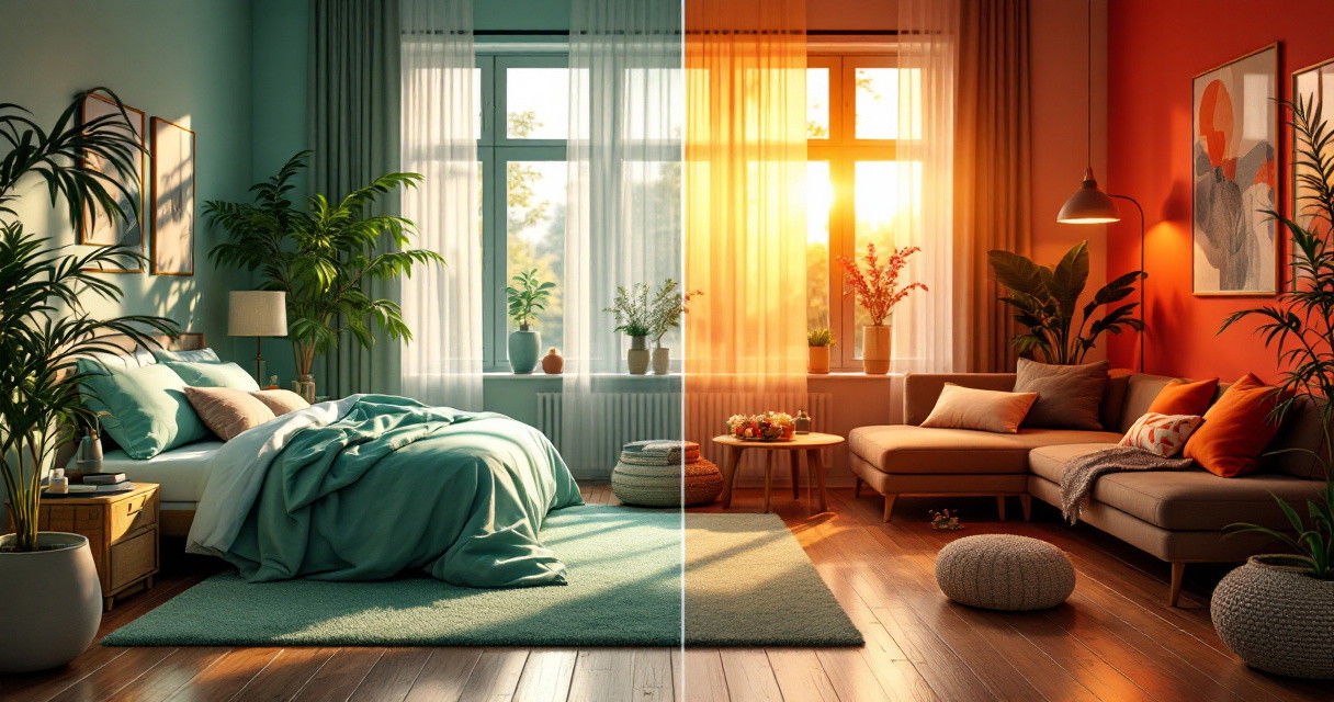 Modern gestaltetes Wohn- und Schlafzimmer mit einer Raumteilung durch unterschiedliche Farbgestaltung; auf der linken Seite dominieren beruhigende Grün- und Blautöne, die für Entspannung und Ruhe sorgen, während auf der rechten Seite warme Orangetöne eine gemütliche und einladende Atmosphäre schaffen. Zahlreiche Pflanzen und harmonisch abgestimmte Möbel ergänzen das stilvolle Interieur. Farbpsychologie welche Farben sind für welche Räume ideal ist hier anschaulich dargestellt durch die gezielte Nutzung von Farbtönen zur Förderung unterschiedlicher Stimmungen und Funktionen im Wohnbereich.