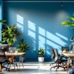 Modern eingerichteter Büroraum mit großen Fenstern, vielen grünen Pflanzen und blauer Wandgestaltung, die eine freundliche und inspirierende Atmosphäre schafft, ideal für kreative Arbeit und Konzentration, ein Beispiel für die gelungene Farbwahl Produktivität.