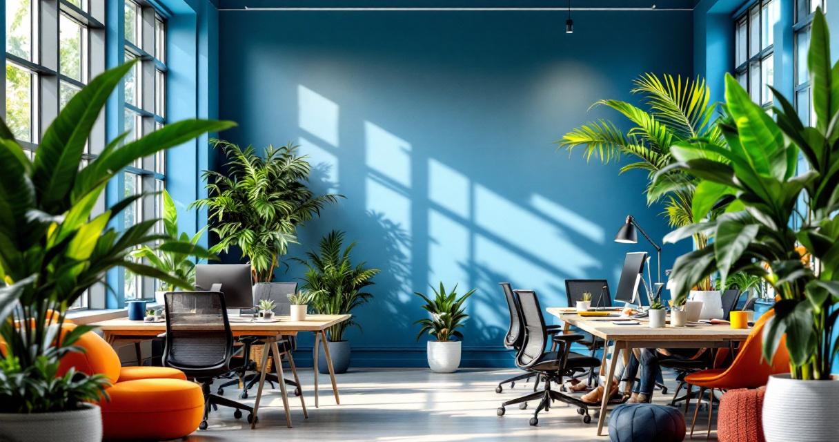 Modern eingerichteter Büroraum mit großen Fenstern, vielen grünen Pflanzen und blauer Wandgestaltung, die eine freundliche und inspirierende Atmosphäre schafft, ideal für kreative Arbeit und Konzentration, ein Beispiel für die gelungene Farbwahl Produktivität.