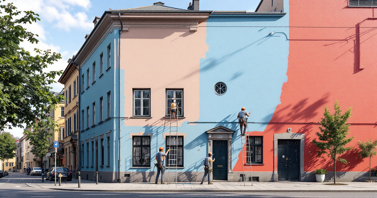 Mehrere Handwerker streichen die Fassade eines Altbaus in verschiedenen Pastellfarben mit Fassadenanstrich Premium, wobei die präzise Arbeit und die lebendigen Farbtöne die Qualität des Fassadenanstrich Premium hervorheben.
