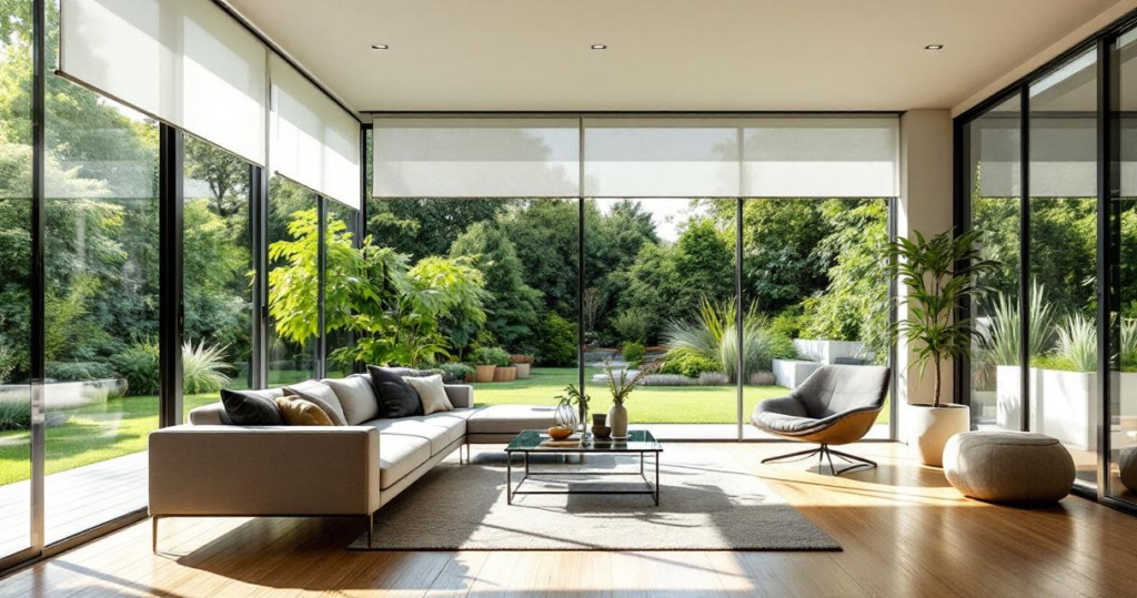 Modern eingerichtetes Wohnzimmer mit Sofa, Sessel und Teppich, umgeben von großen Fensterfronten Glaswände, die einen unverbauten Blick auf einen üppigen Garten mit grünen Pflanzen und Bäumen bieten.