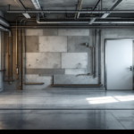 Raum mit Betonwänden, Türen und zahlreichen sichtbaren Metallrohren, die als Teil der Feuer Wasserschutzmaßnahmen Gebäude installiert sind.
