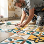 Fliesenleger für individuelle Designs in Wohnungen bei der präzisen Verlegung farbiger Fliesen auf einem Boden. Die Hände des Handwerkers sind geschickt mit dem Werkzeug beschäftigt, während das Licht durch die Fenster strömt und die Muster der Fliesen hervorhebt.