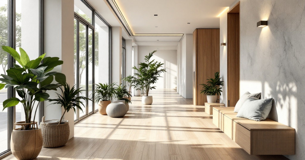 Heller und geräumiger Flur mit großen Fenstern, hellen Holzfußböden, schlichten Wandlampen und mehreren grünen Pflanzen in nachhaltigen Übertöpfen sowie einer minimalistisch gestalteten Sitzbank aus Holz mit Kissen als Flur Gestaltungsideen nachhaltig.