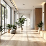 Heller und geräumiger Flur mit großen Fenstern, hellen Holzfußböden, schlichten Wandlampen und mehreren grünen Pflanzen in nachhaltigen Übertöpfen sowie einer minimalistisch gestalteten Sitzbank aus Holz mit Kissen als Flur Gestaltungsideen nachhaltig.