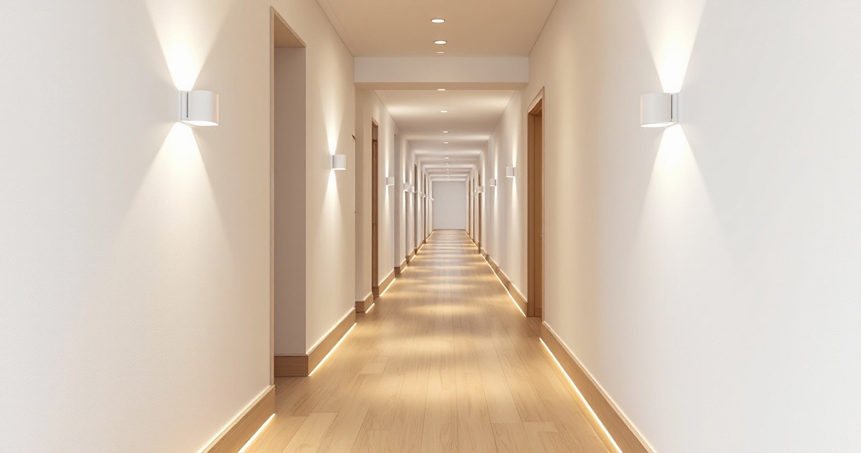 Langer schmaler Flur mit moderner Wand- und Bodenbeleuchtung in warmem Weiß, gestaltet in einem minimalistischen Stil mit hellen Wänden und Holzboden, flurbeleuchtung ideen für schmale ganggestaltung.