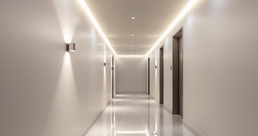 Heller, moderner Flur mit schmalem Design, ausgestattet mit dezenter LED-Beleuchtung an der Decke und Wandleuchten, flurbeleuchtung ideen für schmale ganggestaltung mit leds.