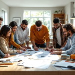 Eine Gruppe von sieben jungen Erwachsenen arbeitet konzentriert an einem großen Tisch in einem hellen Raum mit Küchenblick und diskutiert Pläne und Zeichnungen, die ausgebreitet sind, um ein Gemeinschaftsprojekt erfolgreich umzusetzen; Frühzeitig planen steht dabei im Vordergrund.