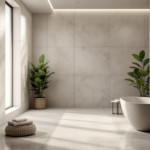 Modernes Badezimmer mit freistehender Badewanne, großen Natursteinfliesen und dekorativen Pflanzen, die durch das Tageslicht eine einladende Atmosphäre schaffen, perfekt gestaltet als Fugenlose Bäder.