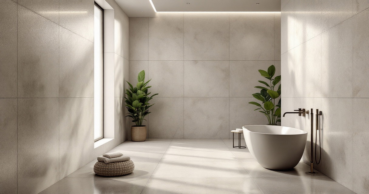 Modernes Badezimmer mit freistehender Badewanne, großen Natursteinfliesen und dekorativen Pflanzen, die durch das Tageslicht eine einladende Atmosphäre schaffen, perfekt gestaltet als Fugenlose Bäder.