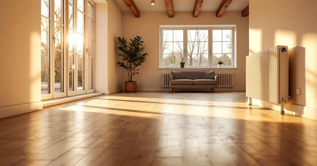 Helles Wohnzimmer mit Parkettboden, großer Fensterfront, einem Sofa, Heizung an der Wand und einer Pflanze in der Ecke, ideal für ein Projekt zum Fußbodenheizung nachrüsten.