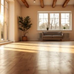 Helles Wohnzimmer mit Parkettboden, großer Fensterfront, einem Sofa, Heizung an der Wand und einer Pflanze in der Ecke, ideal für ein Projekt zum Fußbodenheizung nachrüsten.