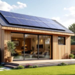 Modern gestaltetes Gartenhaus mit Holzfassade, großen Glasfronten und Solarpaneelen auf dem Dach, umgeben von gepflegtem Garten und Rasen, als Beispiel für nachhaltige und stilvolle Gartenhäuser renovieren.