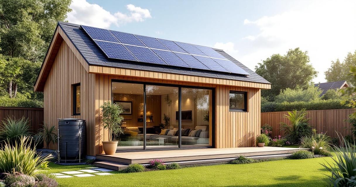 Modern gestaltetes Gartenhaus mit Holzfassade, großen Glasfronten und Solarpaneelen auf dem Dach, umgeben von gepflegtem Garten und Rasen, als Beispiel für nachhaltige und stilvolle Gartenhäuser renovieren.