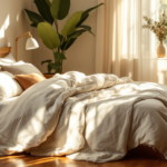 Helles Schlafzimmer mit reichlich Tageslicht, Holzmöbeln und vielen grünen Pflanzen, die gemütliche schlafbereiche mit nachhaltigen textilien gestalten und natürliche Wärme ausstrahlen.
