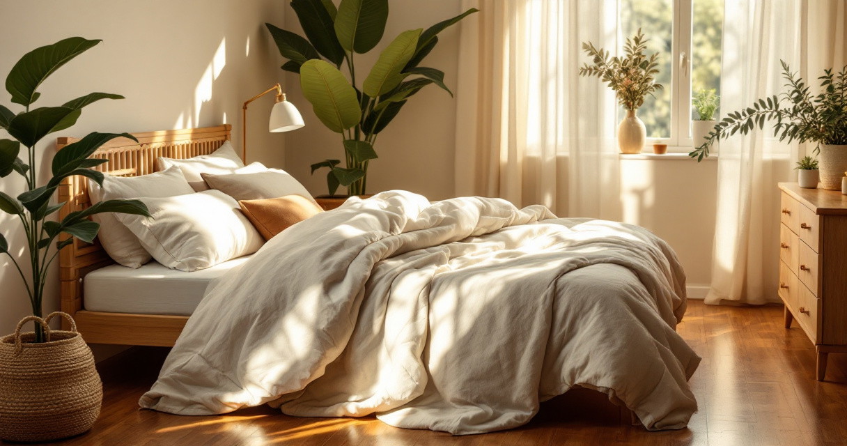 Helles Schlafzimmer mit reichlich Tageslicht, Holzmöbeln und vielen grünen Pflanzen, die gemütliche schlafbereiche mit nachhaltigen textilien gestalten und natürliche Wärme ausstrahlen.