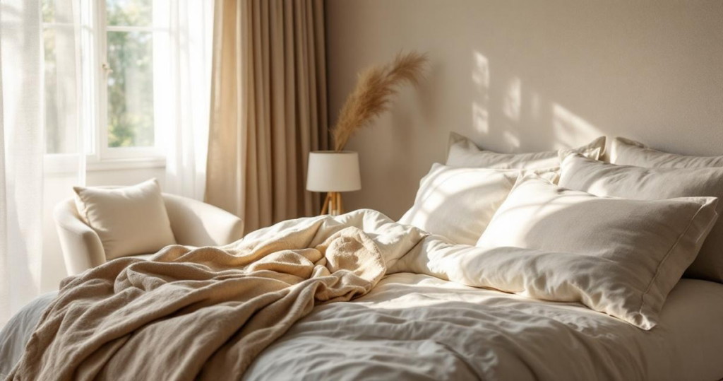 Helles Schlafzimmer mit einem ungemachten Bett, weichen Kissen und einer Decke in warmen Erdtönen vor einem Fenster mit transparenten und blickdichten Vorhängen, das eine gemütliche schlafbereichgestaltung mit natürlichen textilien zeigt.