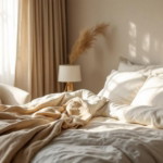 Helles Schlafzimmer mit einem ungemachten Bett, weichen Kissen und einer Decke in warmen Erdtönen vor einem Fenster mit transparenten und blickdichten Vorhängen, das eine gemütliche schlafbereichgestaltung mit natürlichen textilien zeigt.