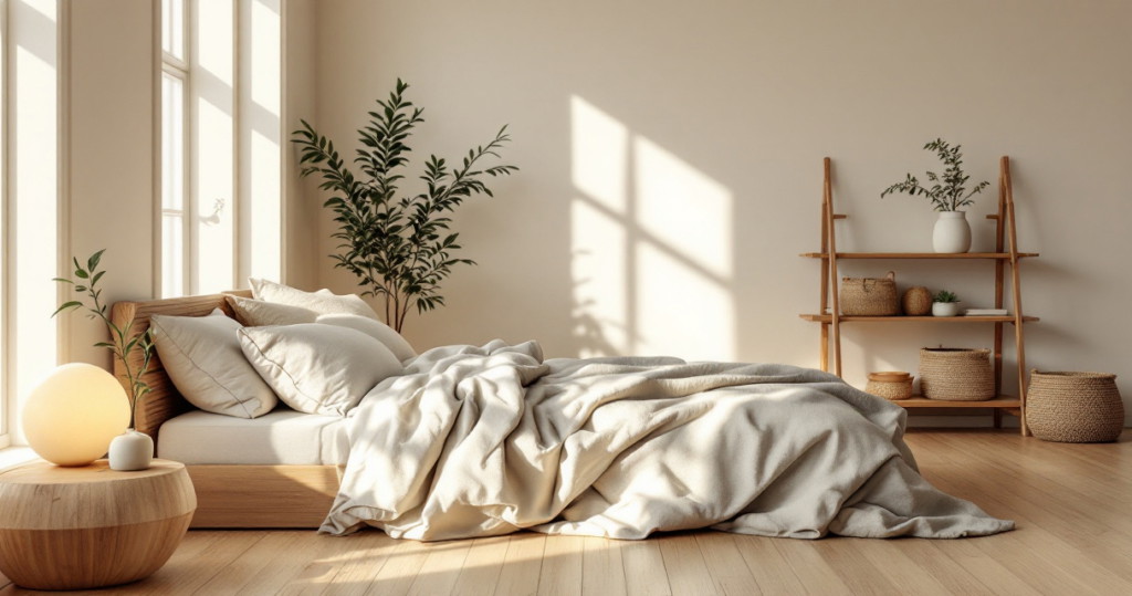 Das Bild zeigt eine gemütliche schlafzimmereinrichtung mit natürlichen materialien, bestehend aus einem Bett mit Holzbettgestell und hellem Leinenbettzeug, umgeben von Pflanzen und dekorativen Körben aus Naturfasern, die eine warme und einladende Atmosphäre schaffen.