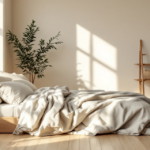 Das Bild zeigt eine gemütliche schlafzimmereinrichtung mit natürlichen materialien, bestehend aus einem Bett mit Holzbettgestell und hellem Leinenbettzeug, umgeben von Pflanzen und dekorativen Körben aus Naturfasern, die eine warme und einladende Atmosphäre schaffen.
