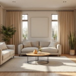Gemütliche Wohnraumgestaltung mit hellen, neutralen Farben, zwei bequemen Sofas, rundem Couchtisch und großen Fenstern, die viel Tageslicht hereinlassen, ergänzt durch Pflanzen und Vorhänge für eine warme und einladende Atmosphäre.
