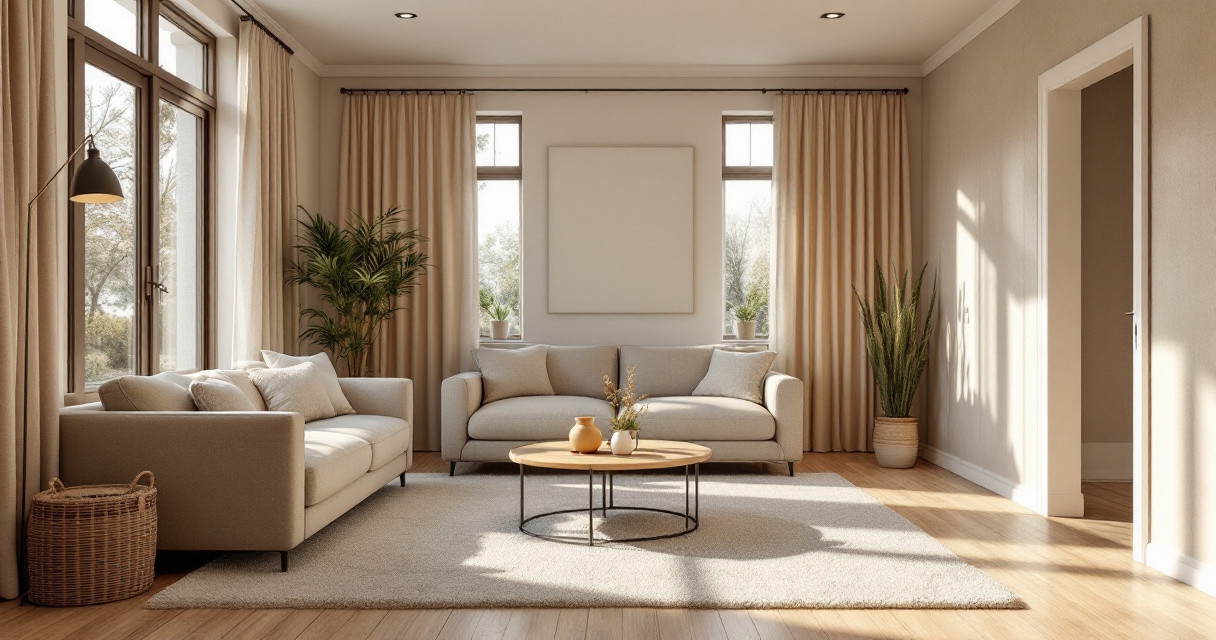 Gemütliche Wohnraumgestaltung mit hellen, neutralen Farben, zwei bequemen Sofas, rundem Couchtisch und großen Fenstern, die viel Tageslicht hereinlassen, ergänzt durch Pflanzen und Vorhänge für eine warme und einladende Atmosphäre.