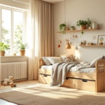 Gemütliches Kinderzimmer mit Holzmöbeln, sanften Naturtönen und vielen Pflanzen als Beispiel für nachhaltige Kinderzimmer Gestaltung.