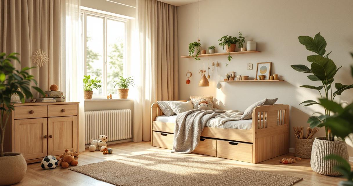 Gemütliches Kinderzimmer mit Holzmöbeln, sanften Naturtönen und vielen Pflanzen als Beispiel für nachhaltige Kinderzimmer Gestaltung.