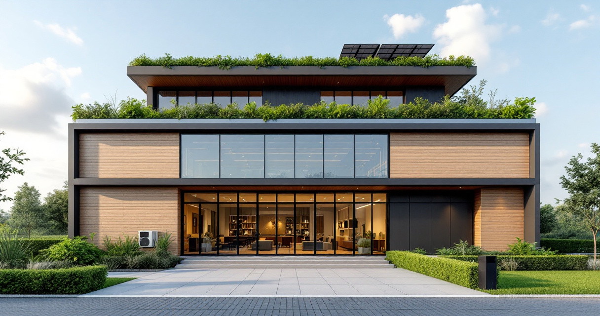 Modernes Bürogebäude mit großen Glasfronten, begrüntem Dach und nachhaltiger Architektur als Beispiel für Gewerbeobjekt Modernisierung.