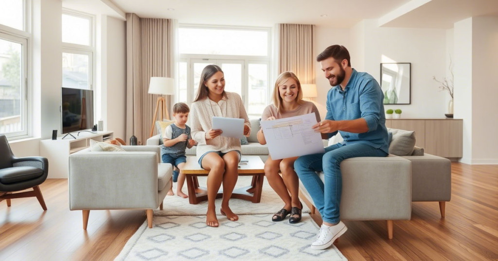 Renovierungsfehler-Beratung Eine Familie bespricht mit einer Beraterin die Renovierungsplanung, um Renovierungsfehler durch falsche Materialwahl zu vermeiden.