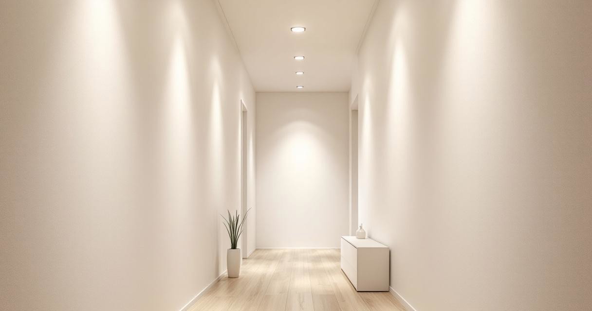 Minimalistisch gestalteter Flur mit weichen, hellen Wänden und helle flurbeleuchtung mit energiesparenden led lampen, die von der Decke herabstrahlen und den Raum ansprechend ausleuchten.