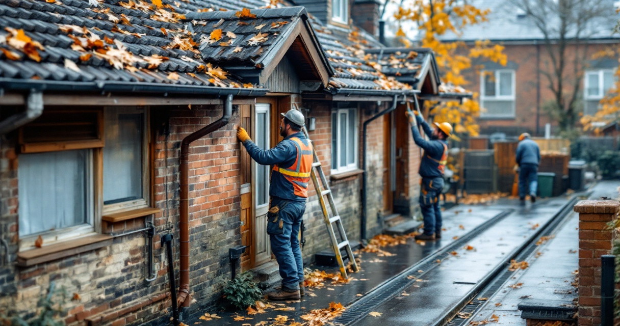 Mehrere Handwerker führen an einem herbstlichen Tag Renovierungsarbeiten an den Fassaden und Dächern alter Wohnhäuser durch, umgeben von herabgefallenen bunten Blättern und nassen Gehwegen Herbstliche Renovierungsarbeiten.