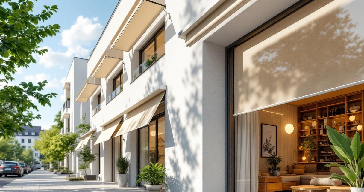 Helles Reihenhaus mit ausgefahrenen Markisen an den Fenstern als effektiver Hitzeschutz im Sommer in einer ruhigen Wohnstraße mit grünen Bäumen und modernem Mobiliar innen sichtbar durch das Fenster.