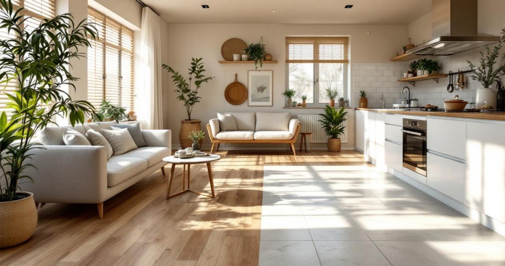 Helles Wohnzimmer und offene Küche mit modernen Möbeln, vielen grünen Pflanzen und einem Boden aus Holz oder Fliesen, der den Raum optisch in zwei Bereiche teilt.