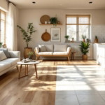 Helles Wohnzimmer und offene Küche mit modernen Möbeln, vielen grünen Pflanzen und einem Boden aus Holz oder Fliesen, der den Raum optisch in zwei Bereiche teilt.