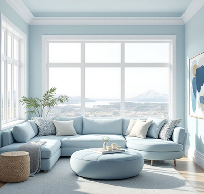 Ihr spezialist hellblaues Wohnzimmer mit Panoramafenster und moderner Einrichtung