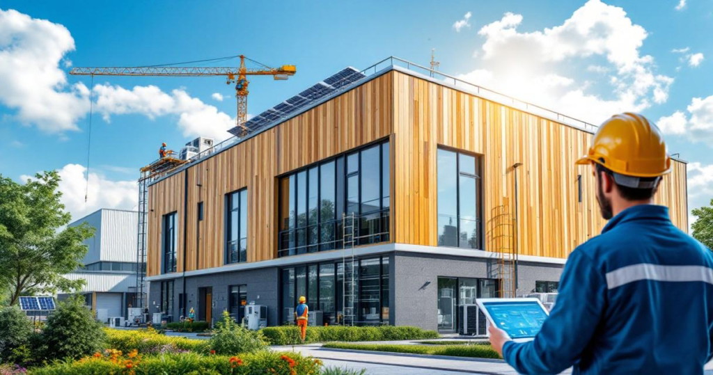 Architekt und Bauarbeiter vor einem modernen Industriegebäude mit Holzverkleidung und Solarpaneelen auf dem Dach, umgeben von Grünflächen, symbolisierend industrielle gebäude modernisierung mit nachhaltigkeit.