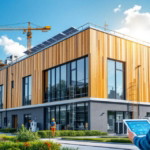 Architekt und Bauarbeiter vor einem modernen Industriegebäude mit Holzverkleidung und Solarpaneelen auf dem Dach, umgeben von Grünflächen, symbolisierend industrielle gebäude modernisierung mit nachhaltigkeit.