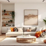 Helles und freundliches Wohnzimmer mit beigem Sofa, gemütlichen Kissen und Decken, runden Holztisch, großen Pflanzgefäßen und offenen Holzregalen, das durch seinen klaren und eleganten Stil den Innenausbau mit Naturmaterialien besonders betont.