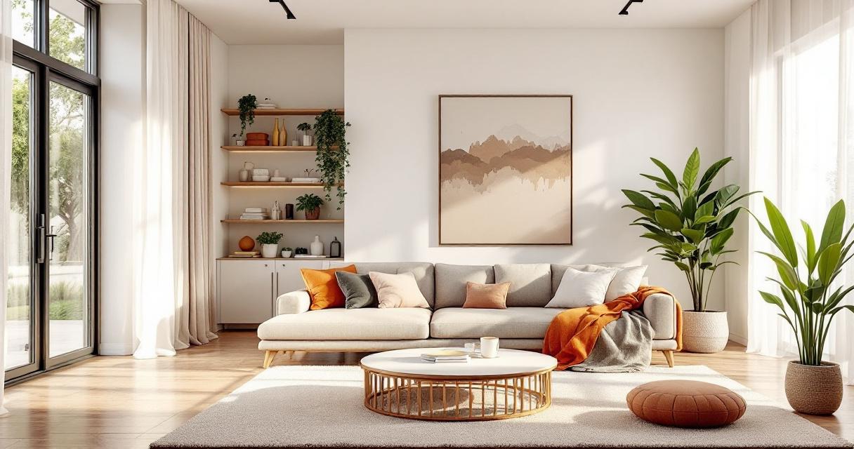 Helles und freundliches Wohnzimmer mit beigem Sofa, gemütlichen Kissen und Decken, runden Holztisch, großen Pflanzgefäßen und offenen Holzregalen, das durch seinen klaren und eleganten Stil den Innenausbau mit Naturmaterialien besonders betont.