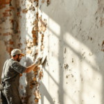 Ein Handwerker trägt sorgfältig Innenputz Altbau auf eine historische Mauer auf, um die Oberfläche zu glätten und das Mauerwerk zu restaurieren.