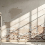 Innenputz Altbau an einer Wand mit freiliegendem Mauerwerk in einem lichtdurchfluteten Raum neben einer Holztreppe und einem Fenster mit Gardinen.