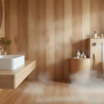 Modern gestaltetes Badezimmer mit Holzverkleidungen, weißen Sanitäranlagen und sanfter Dampfentwicklung, die eine Atmosphäre von Sauberkeit und Frische vermittelt, ideal zur Darstellung von Innovative Versiegelungstechniken.