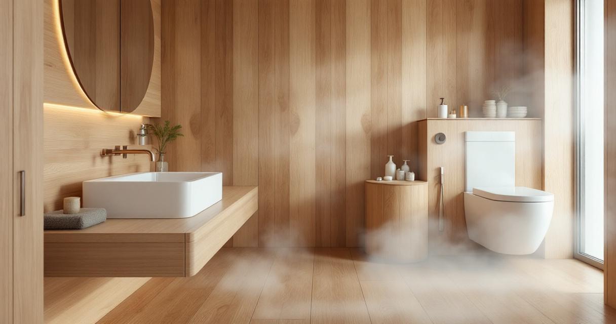 Modern gestaltetes Badezimmer mit Holzverkleidungen, weißen Sanitäranlagen und sanfter Dampfentwicklung, die eine Atmosphäre von Sauberkeit und Frische vermittelt, ideal zur Darstellung von Innovative Versiegelungstechniken.